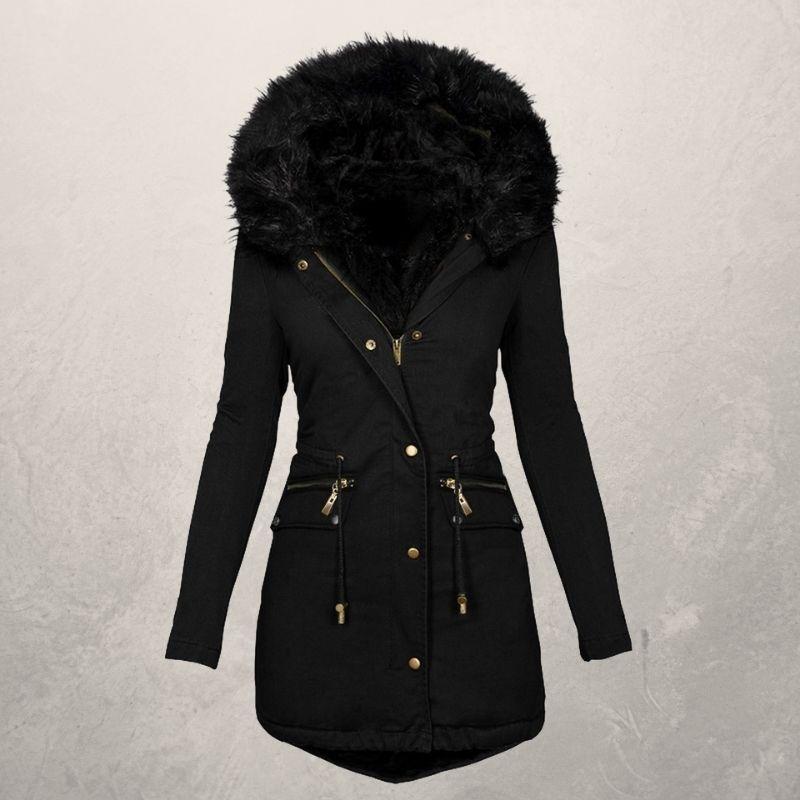 Medium Length Hooded Cotton Padded Jacket with Wool Collar Pi-Mart