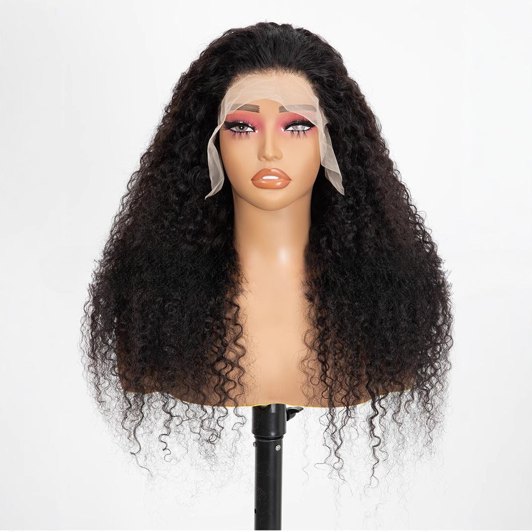 Lace-front Wig With Small Curls, Fluffy And Long Black Hair CJD