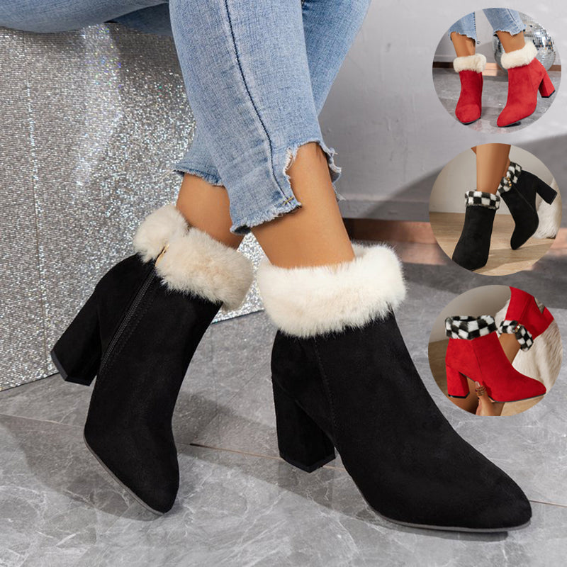 New Plaid Print Plush Ankle Boots Winter Fashoin Square Heel Suede Boots Women Casual Versatile Shoes Autumn And Winter Best YouTube Store