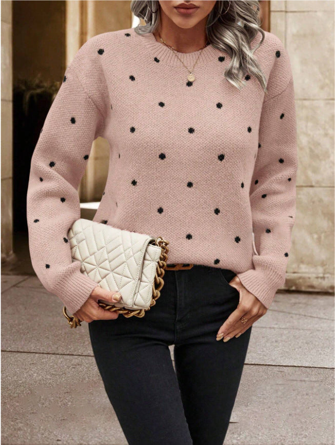 Ins Polka Dot Print Pullover Sweater Fashion Casual Long-sleeved Jacquard Knitted Top Winter Round Neck Clothing For Women Best YouTube Store