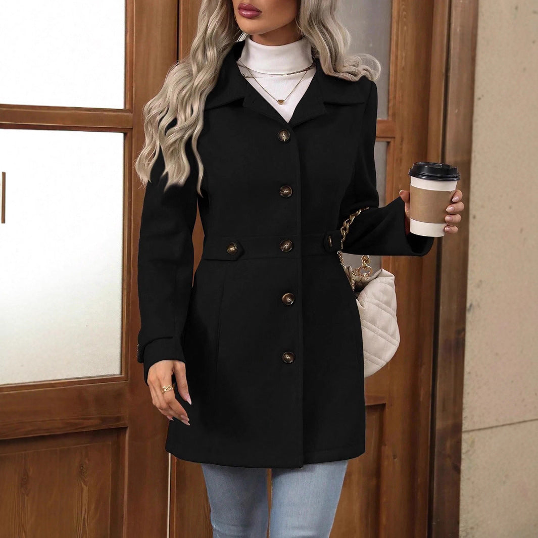 Elegant Single-breasted Woolen Coat Buttons Lapel Mid-length Jacket Temperament Commuter Outwear Clothing For Women LadyShow.Store