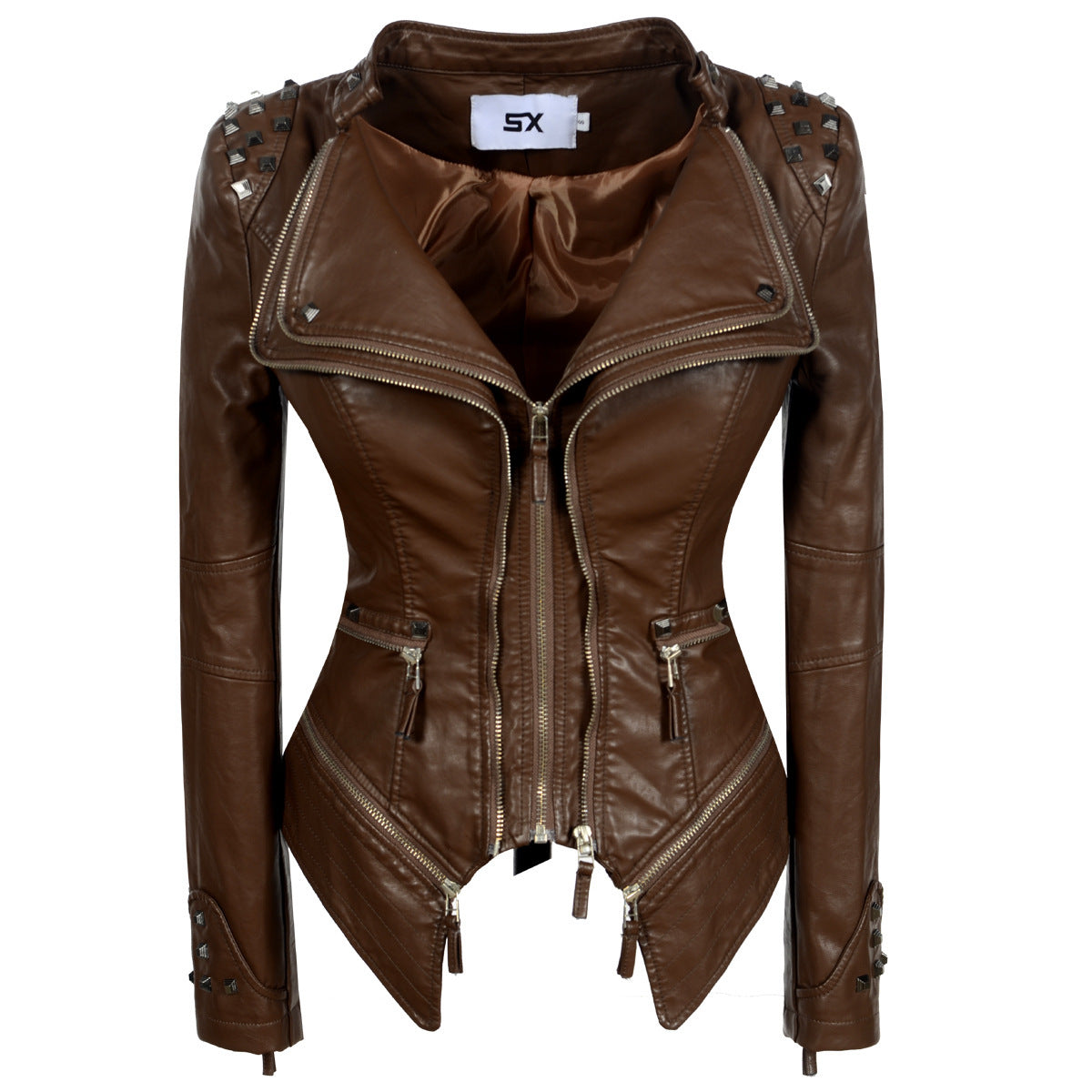Women's Rivet Slim Washed Leather Motorcycle Jacket LadyShow.Store