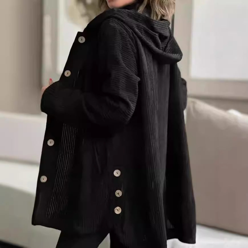 Women's Corduroy Hooded Jacket Fashion Warm Pockets Button Mid-length Top Casual Fall Winter Outwear Clothing Accent Plus