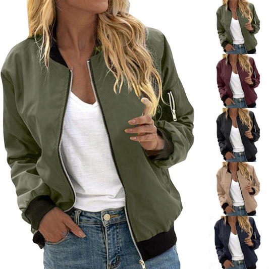 Women's Solid Color Cool Girl Baseball Jackets Round Neck Zipper Vintage Bomber Jacket Autumn Casual Female Bomber Jacket Chic Outerwear LadyShow.Store