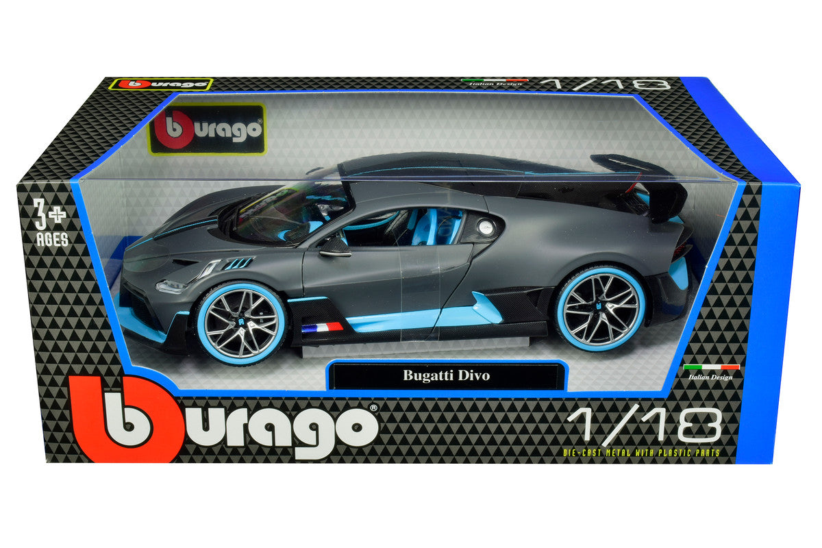 Bugatti Divo Matt Gray with Blue Accents 1/18 Diecast Model Car by Bburago-2