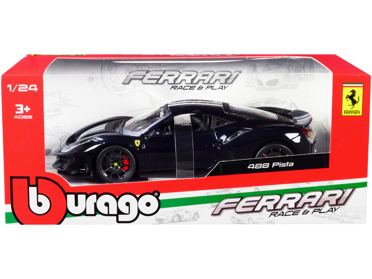 Ferrari 488 Pista Dark Blue Metallic with Silver Stripes 1/24 Diecast Model Car by Bburago Bburago