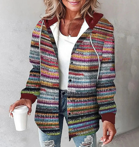 Plaid Hooded Jacket Fashion Casual Button Pocket Coat Autumn And Winter Women's Clothing Accent Plus