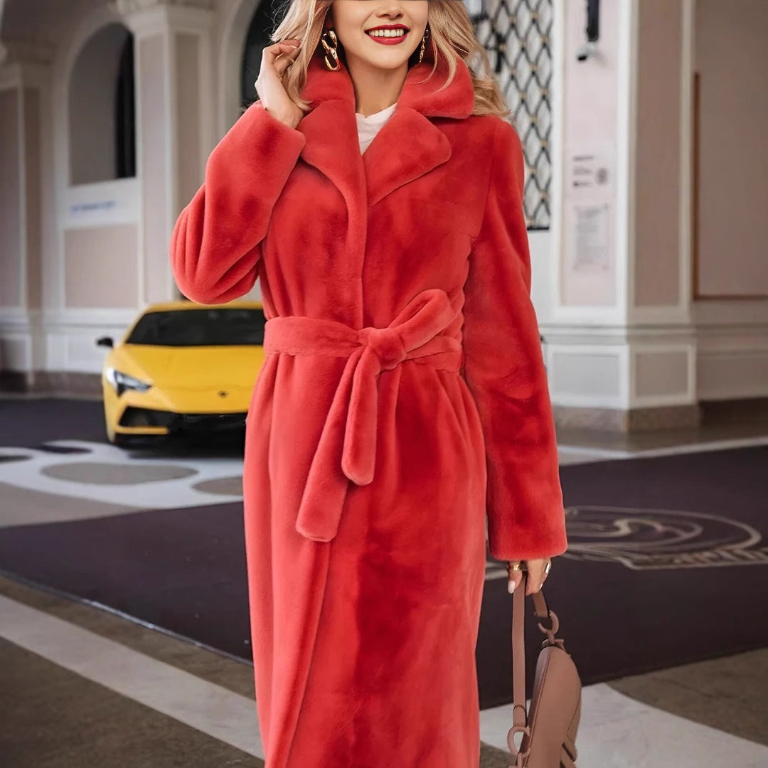 Women's Fashionable Elegant Lace-up Turn-down Collar Plush Long Coat Accent Plus
