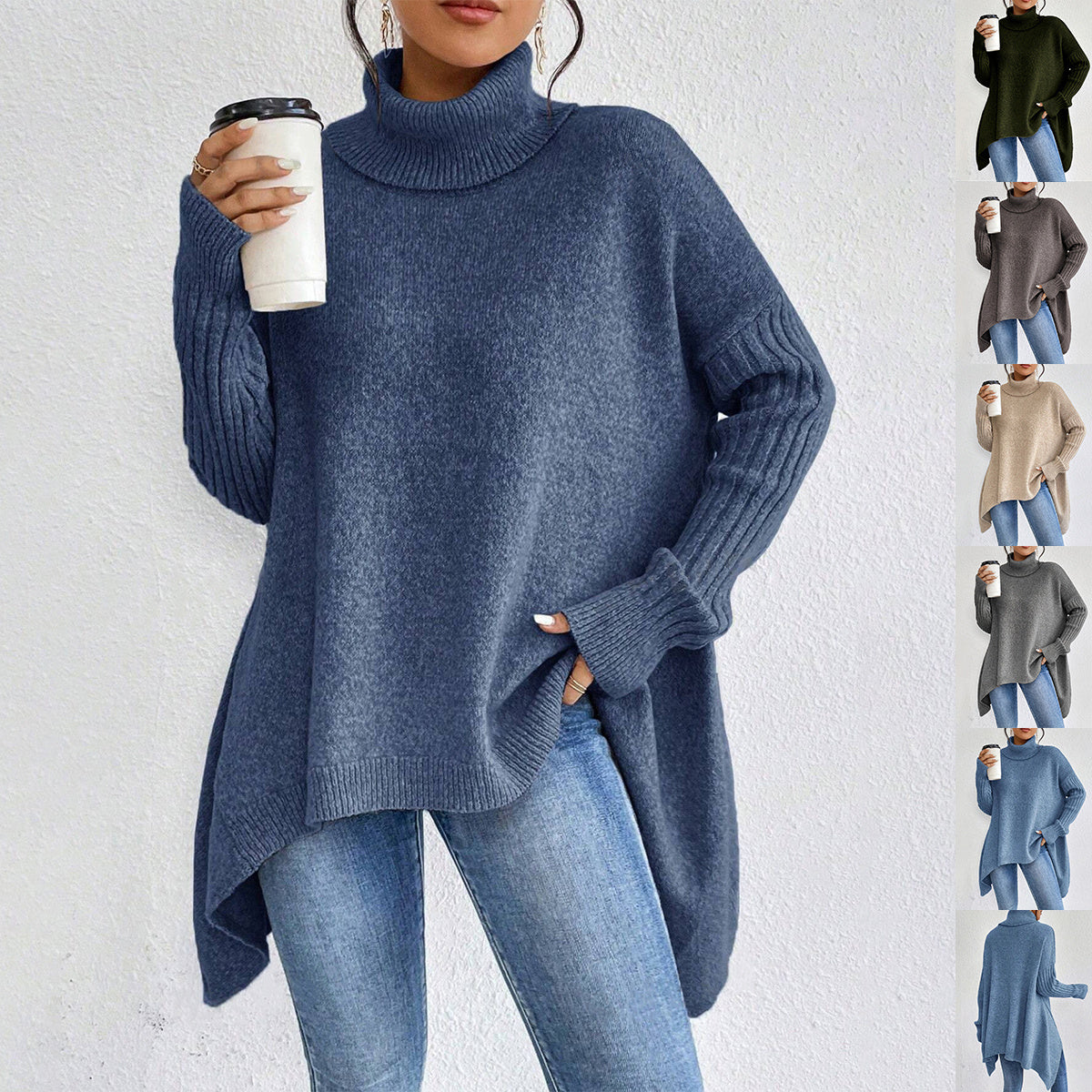 Irregular Turtleneck Sweater Winter Loose Long Sleeve Knitted Tops Leisure Warm Pullover Sweater Women's Clothing Best YouTube Store