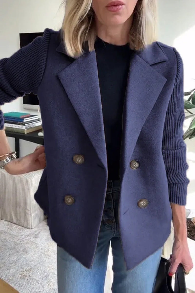 Double Breasted Lapel Jacket Fashion Knitted Sleeves Splicing Design Coat Outerwear Women's Clothing Best YouTube Store
