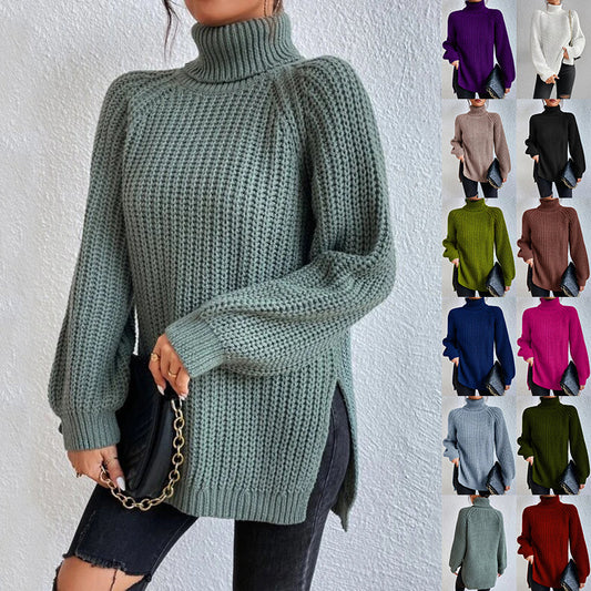 Turtleneck Pullover Sweater With Split Design Fashion Simple Solid Color Long Sleeve Tops Women's Clothing LadyShow.Store
