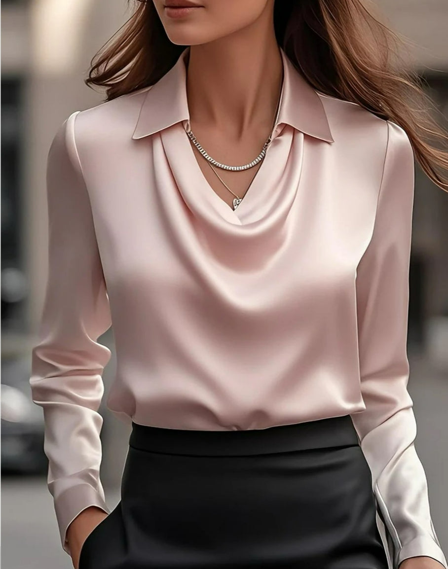 Women's Swing Collar Draped Shirts & Blouses Elegant Solid Satin Office Ladies Top Pullover Spring Long Sleeve Casual Tops LadyShow.Store