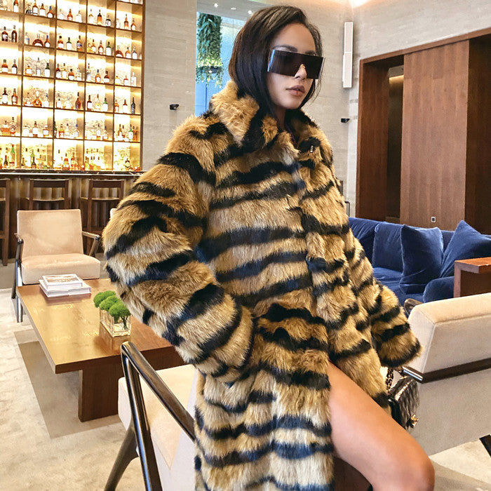 Faux Fur Coat With Tiger Pattern Fur And Long Artificial Hair Accent Plus