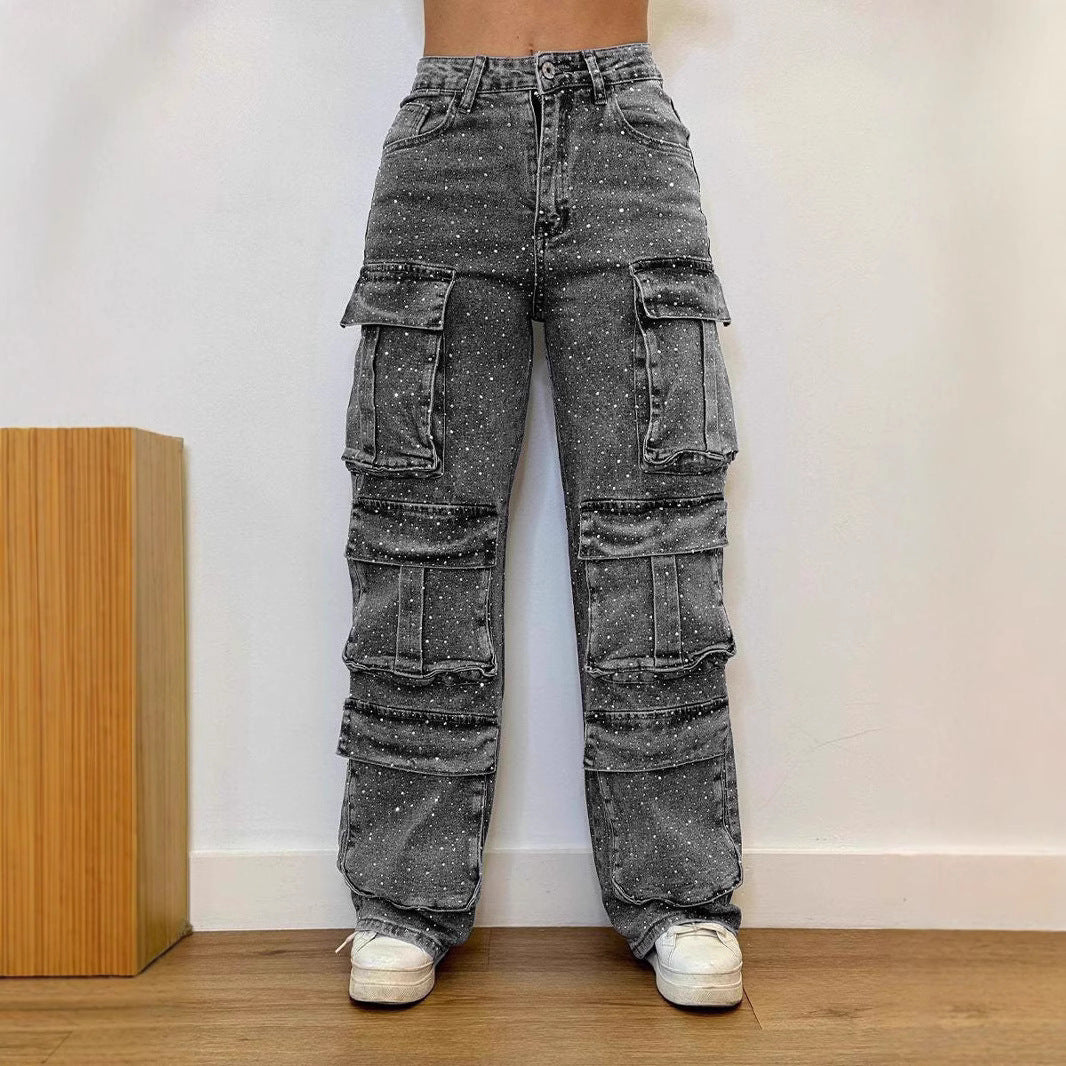 Women's Casual Jeans With Pockets And Diamonds Overalls LadyShow.Store