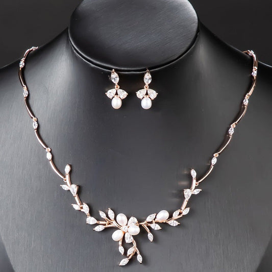 Sweet Pearl Zircon Ear Stud Necklace Jewelry Suit LadyShow.Store