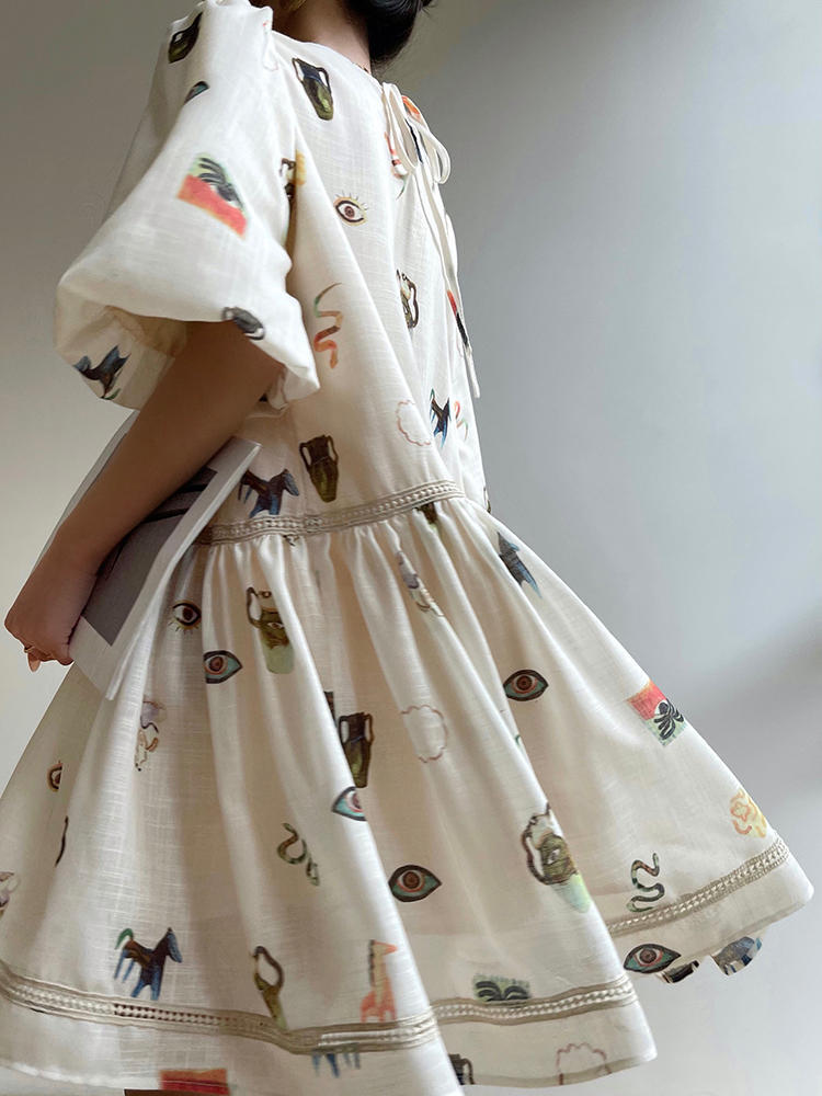 Women's Lace Retro Loose French Print Puff Sleeve Dress LadyShow.Store