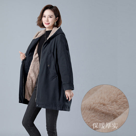 Fleece-lined Thick Hooded Parka Mid-length Long Sleeve Zipper LadyShow.Store