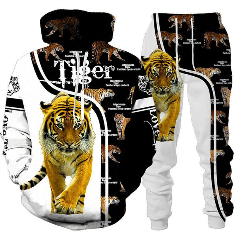 Tiger 3D Print Hooded Men's Sweatshirt Set