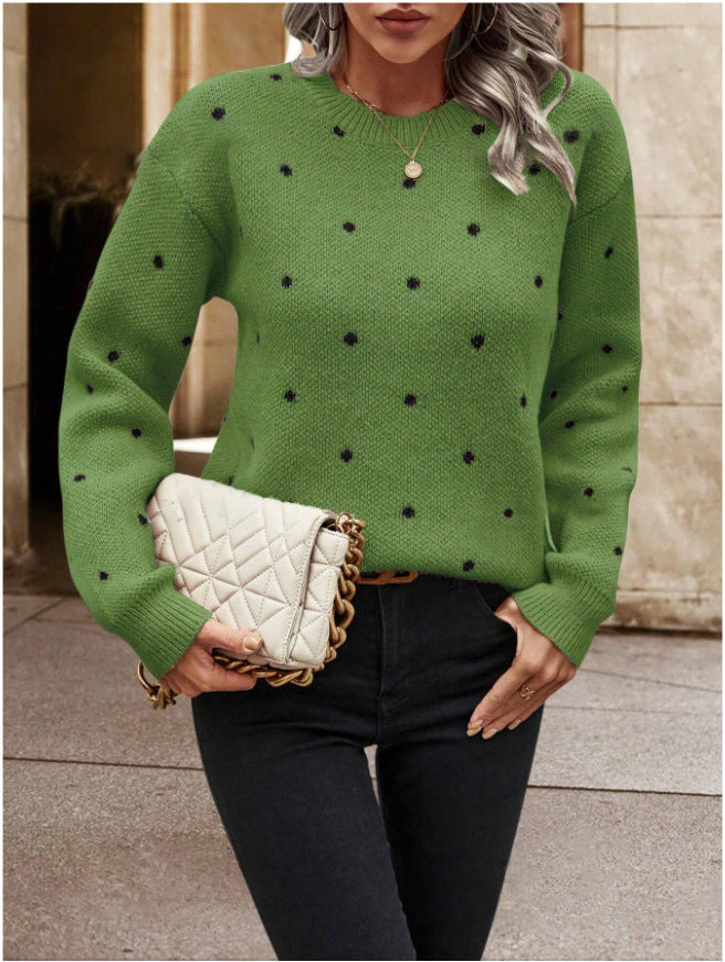 Ins Polka Dot Print Pullover Sweater Fashion Casual Long-sleeved Jacquard Knitted Top Winter Round Neck Clothing For Women Best YouTube Store