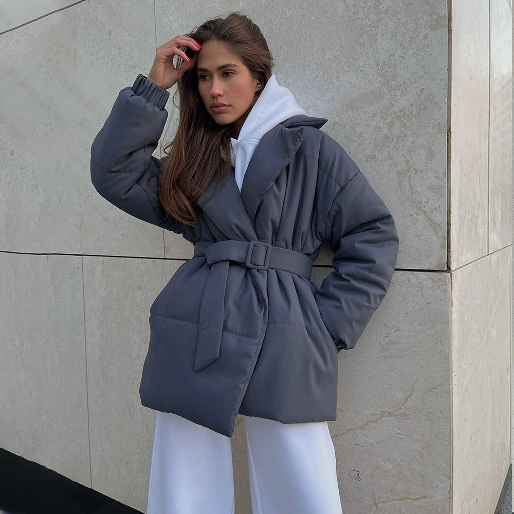 New Thickened Slimming Cinched Cotton-padded Coat Solid Color Belt Cotton Coat Jacket LadyShow.Store