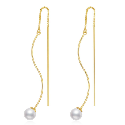 Sterling Silver Long Pearl Dangle Threader Earrings for Women LadyShow.Store