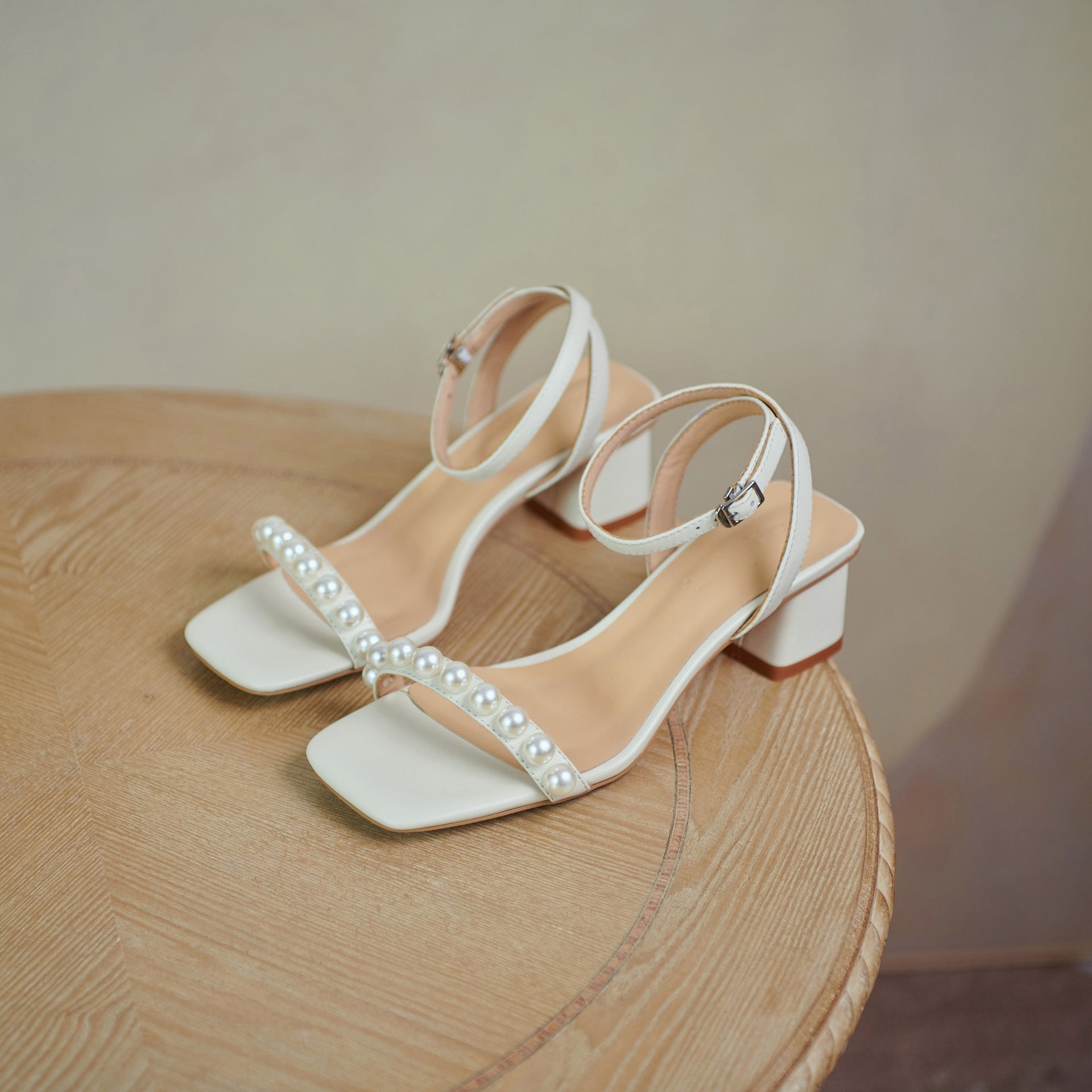 Fairy Style Pearl Women's Sandals with Thick Square Heel Best YouTube Store