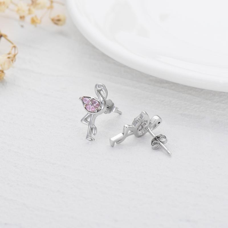 Pink Flamingo CZ Stud Earrings in White Gold Plated Sterling Silver CJD