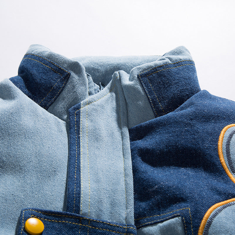 Denim Stitching Embroidered Stand-up Collar Cotton Coat