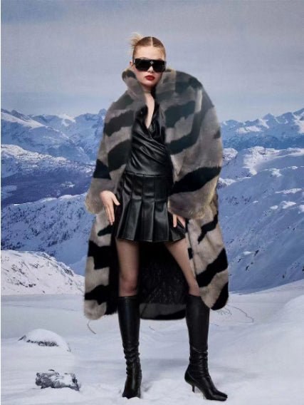 Faux Fur Coat With Tiger Pattern Fur And Long Artificial Hair Accent Plus