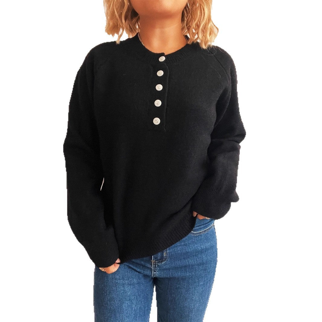 Women's Solid Color Buttons Casual Knitted Round Neck Long Sleeve Warm Sweater LadyShow.Store