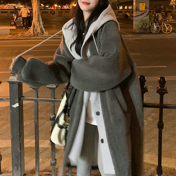 Long Hooded Dress Coat Lambswool All-match Loose Fashionable Jacket Accent Plus