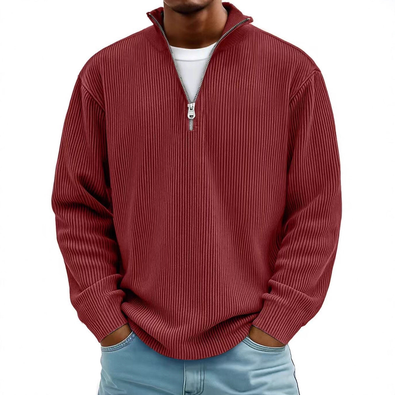Corduroy Zipper Stand Collar Sweatshirt Fashion Warm Solid Color Long Sleeve Top Men's Casual Polo Shirt Clothing Best YouTube Store