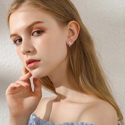 Pink Flamingo CZ Stud Earrings in White Gold Plated Sterling Silver CJD