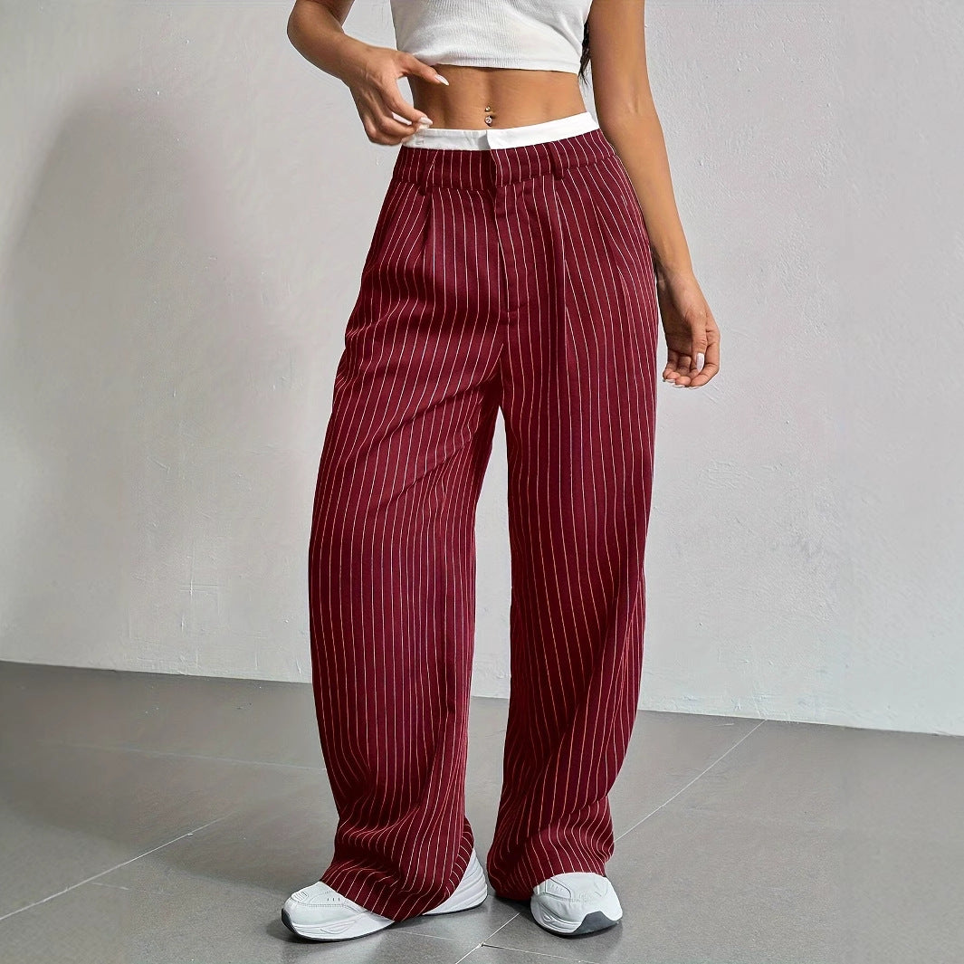 Stripe Printed Trousers Fashion High Waist Straight Leg Pants With Pocket Zipper Casual Suit Pants For Women LadyShow.Store