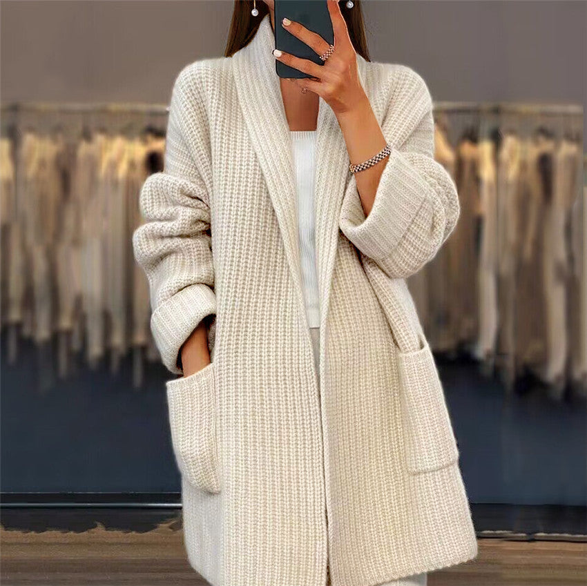 Lapel Knitted Cardigan With Pockets Fashion Casual Loose Sweater Jacket Fall Spring Women's Clothing LadyShow.Store