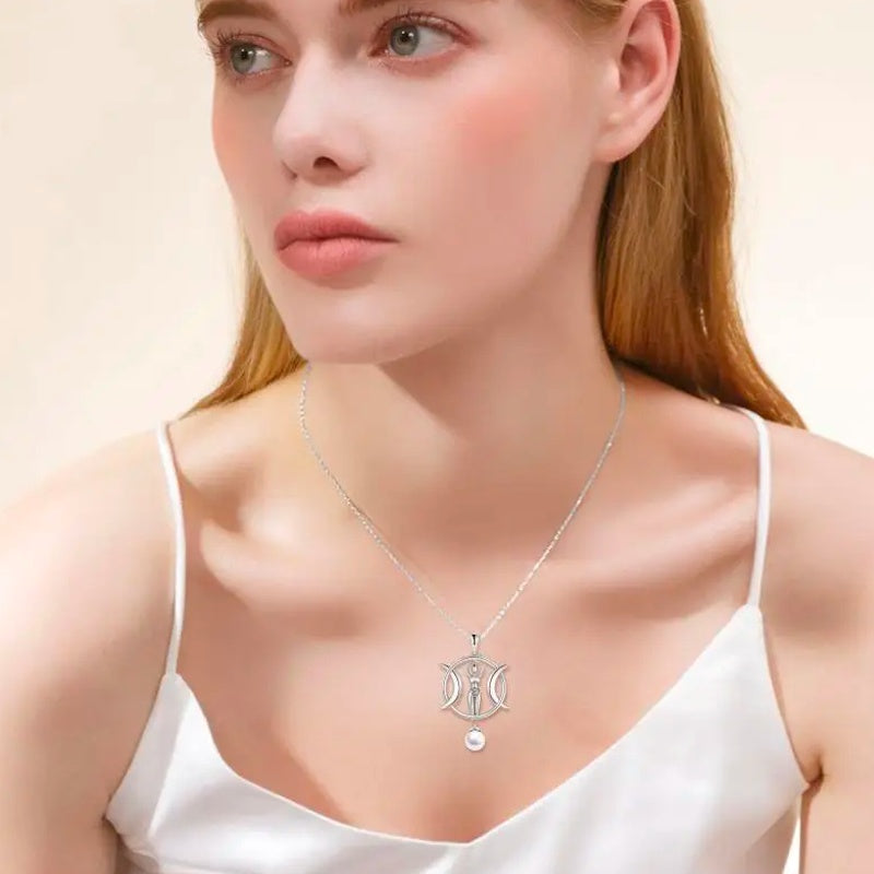 Triple Moon Goddess Necklace Amulet Wizard Pendant with Shell Pearl Necklace for Women LadyShow.Store