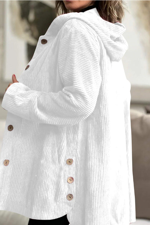 Women's Corduroy Hooded Jacket Fashion Warm Pockets Button Mid-length Top Casual Fall Winter Outwear Clothing LadyShow.Store