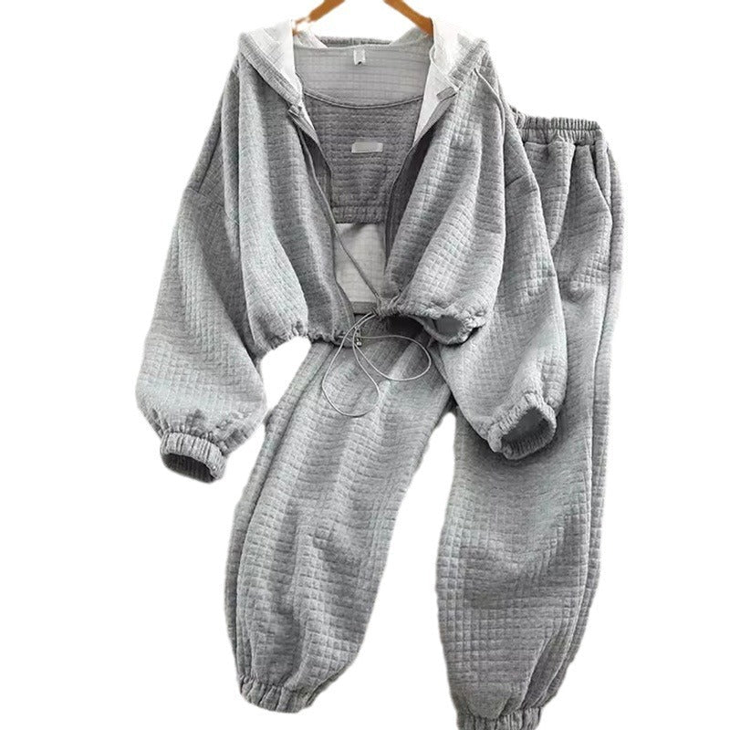 Japanese Korean Casual Hooded Cardigan Set - Zipper Sports Three Piece Suit (Black, Gray, White) LadyShow.Store