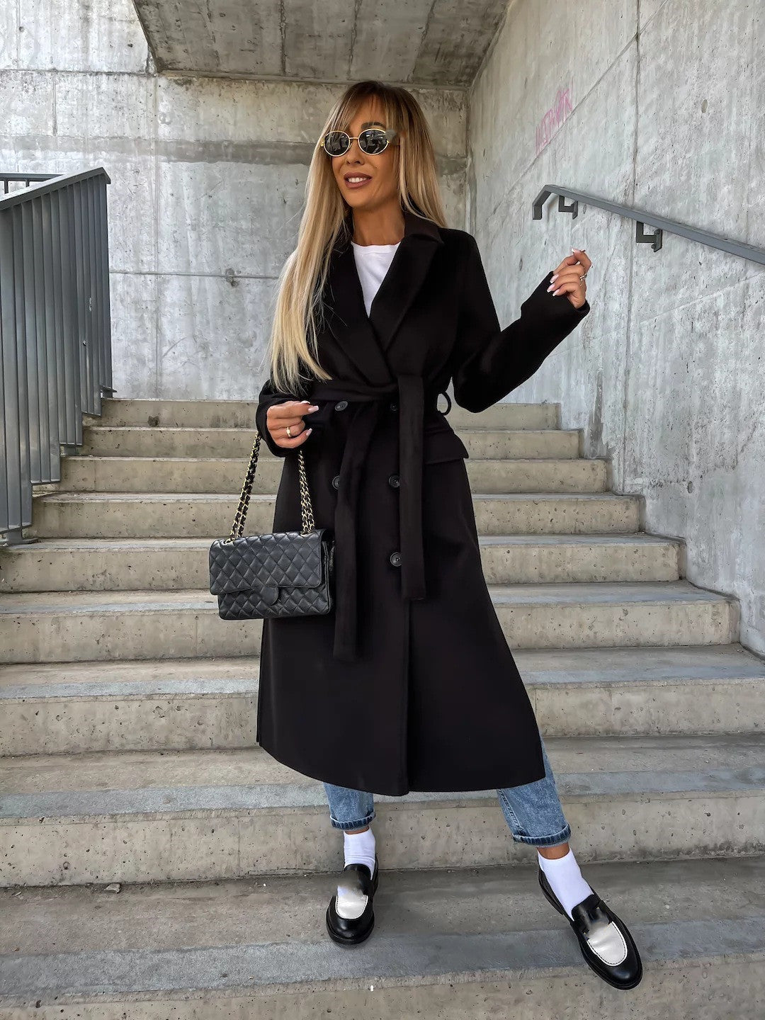 Double-breasted Lapel Split Jacket With Belt Winter Fashion Casual Long Sleeve Button Daily Coats For Women Clothing LadyShow.Store