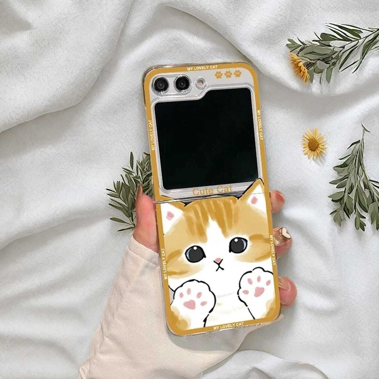Cute Cartoon Cat Clear Case for Samsung Galaxy Z Flip 7 6/5/4/3 - Hard Shockproof Cover with Fun Design and Durable Protection W2B