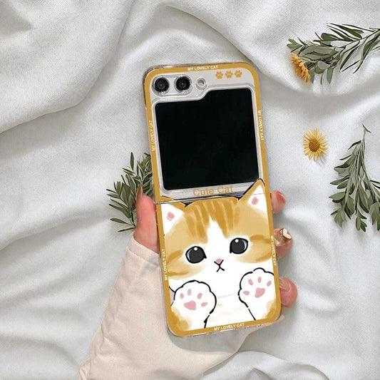 Cute Cartoon Cat Clear Case for Samsung Galaxy Z Flip 7 6/5/4/3 - Hard Shockproof Cover with Fun Design and Durable Protection W2B