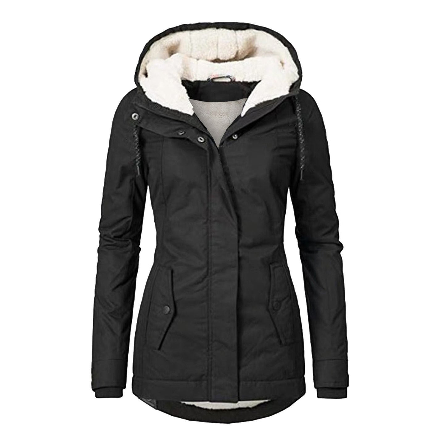 Winter Hooded Jacket Solid Color Warm Buckle Zip-up Fleece Jacket With Pockets Women's Casual Jacket Best YouTube Store