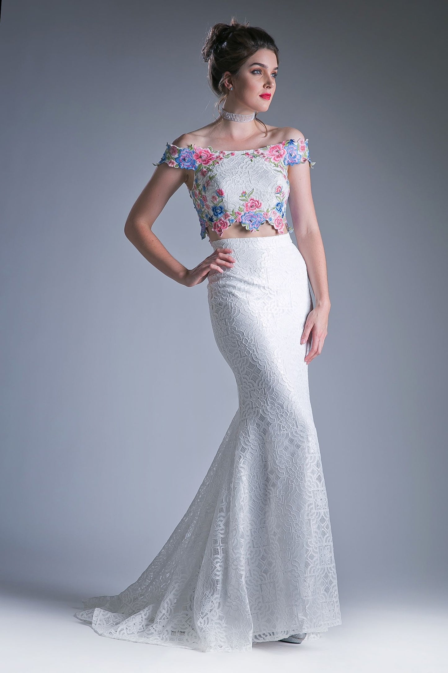 Two piece off the shoulder fitted dress with embroidered floral appliques and lace detailed skirt. Tux-USA