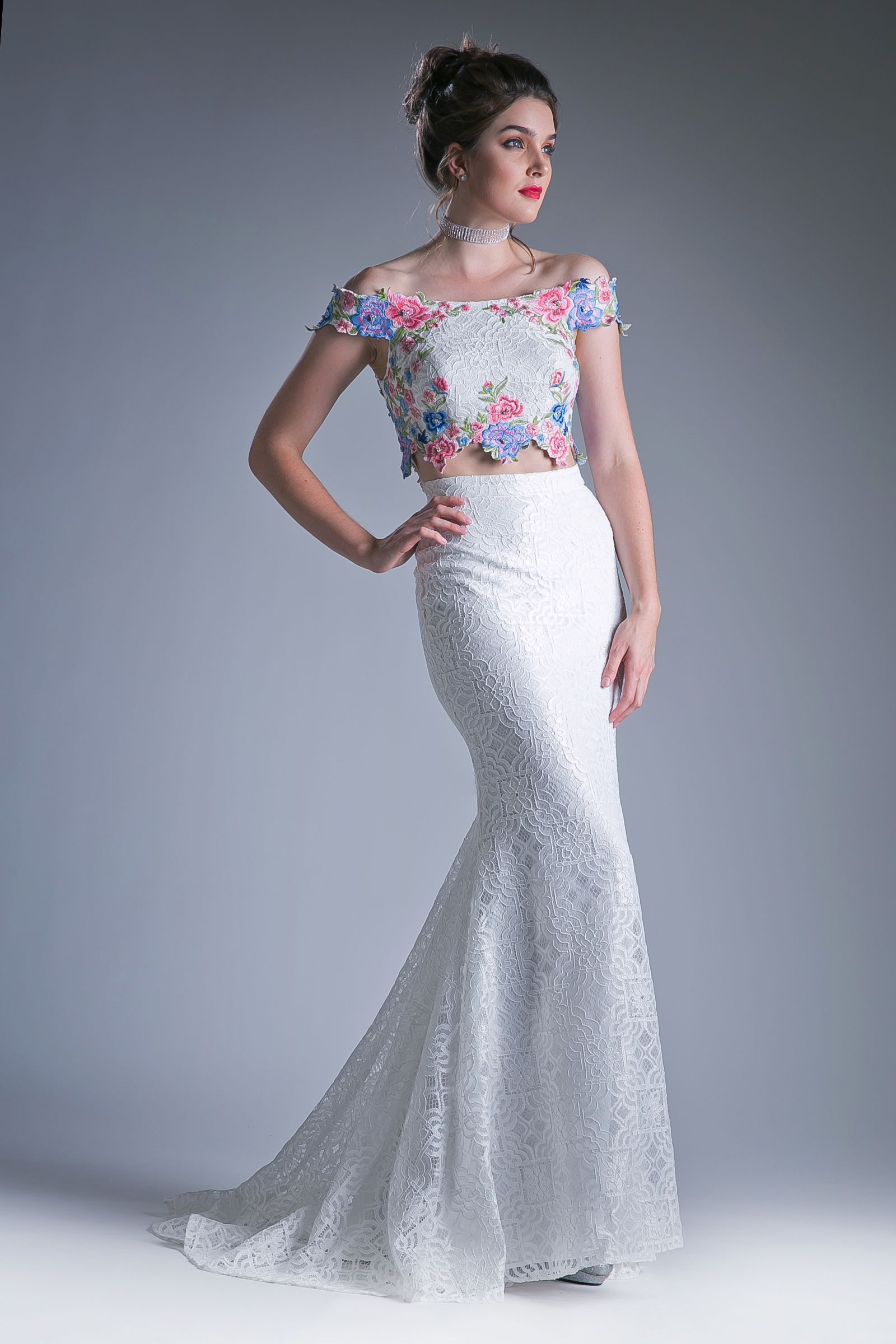 Two piece off the shoulder fitted dress with embroidered floral appliques and lace detailed skirt. Tux-USA