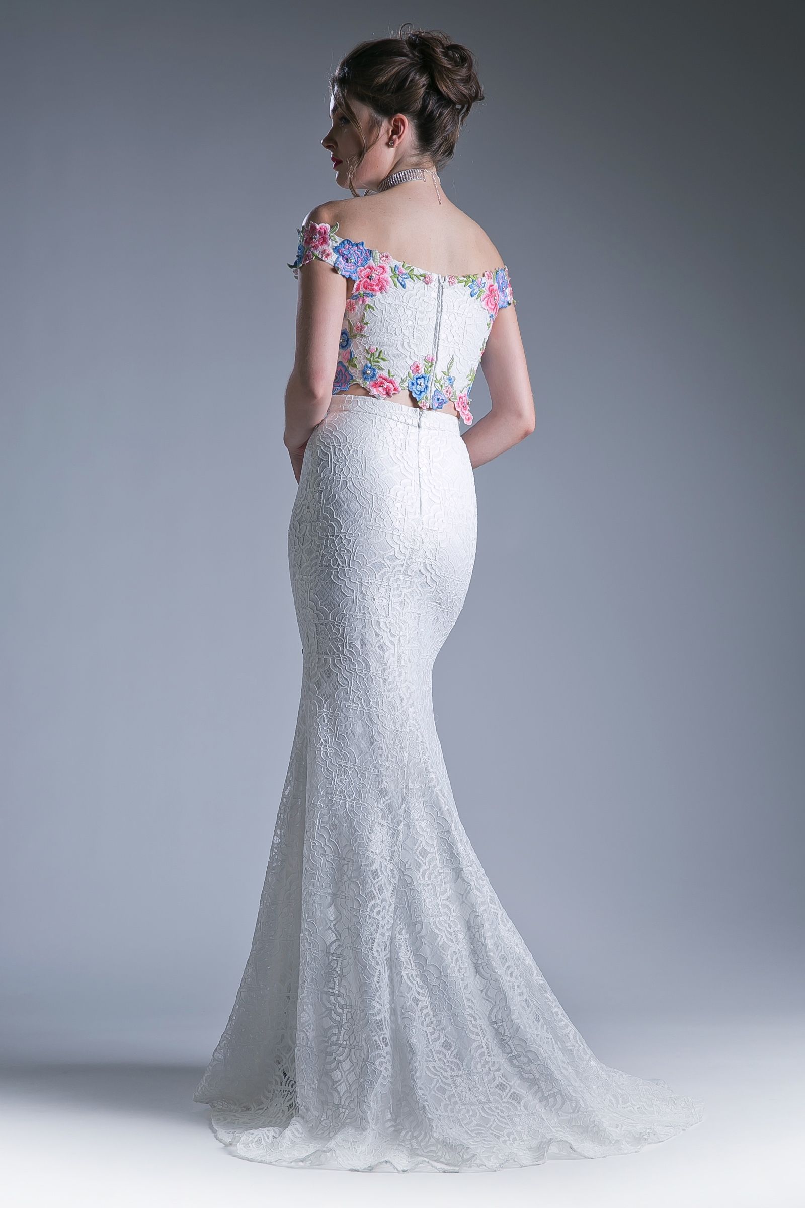 Two piece off the shoulder fitted dress with embroidered floral appliques and lace detailed skirt. Tux-USA