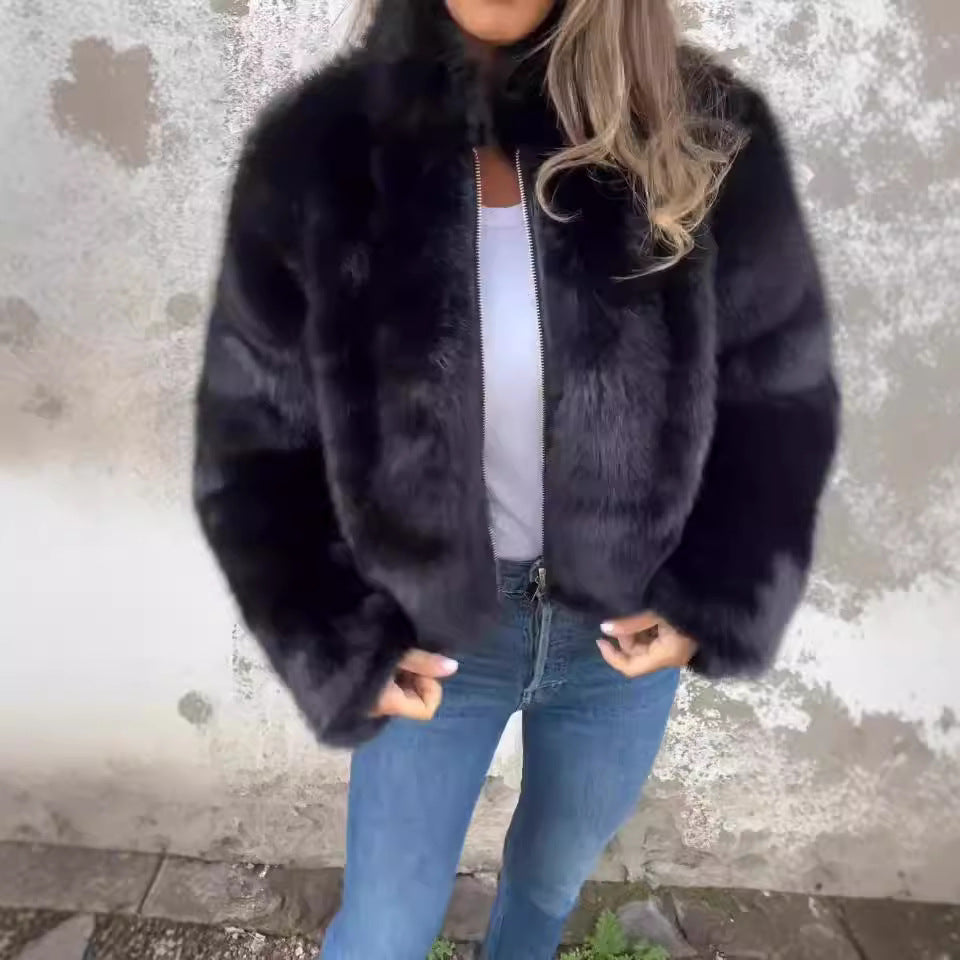 Fashion Stand Collar Plush Jacket Winter Casual Turtleneck Zipper Coat Fleece Tops Women's Clothing Accent Plus