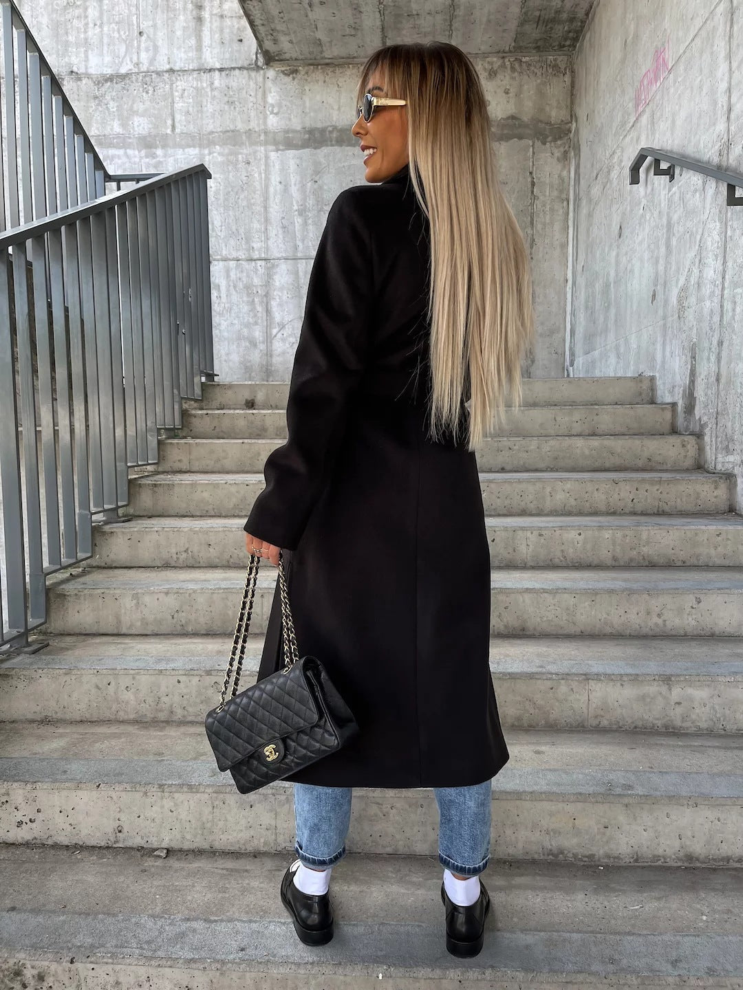 Double-breasted Lapel Split Jacket With Belt Winter Fashion Casual Long Sleeve Button Daily Coats For Women Clothing LadyShow.Store