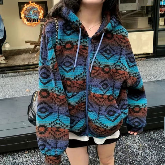 Double-sided Fleece Color-blocking Printed Pattern Jacket Cardigan LadyShow.Store