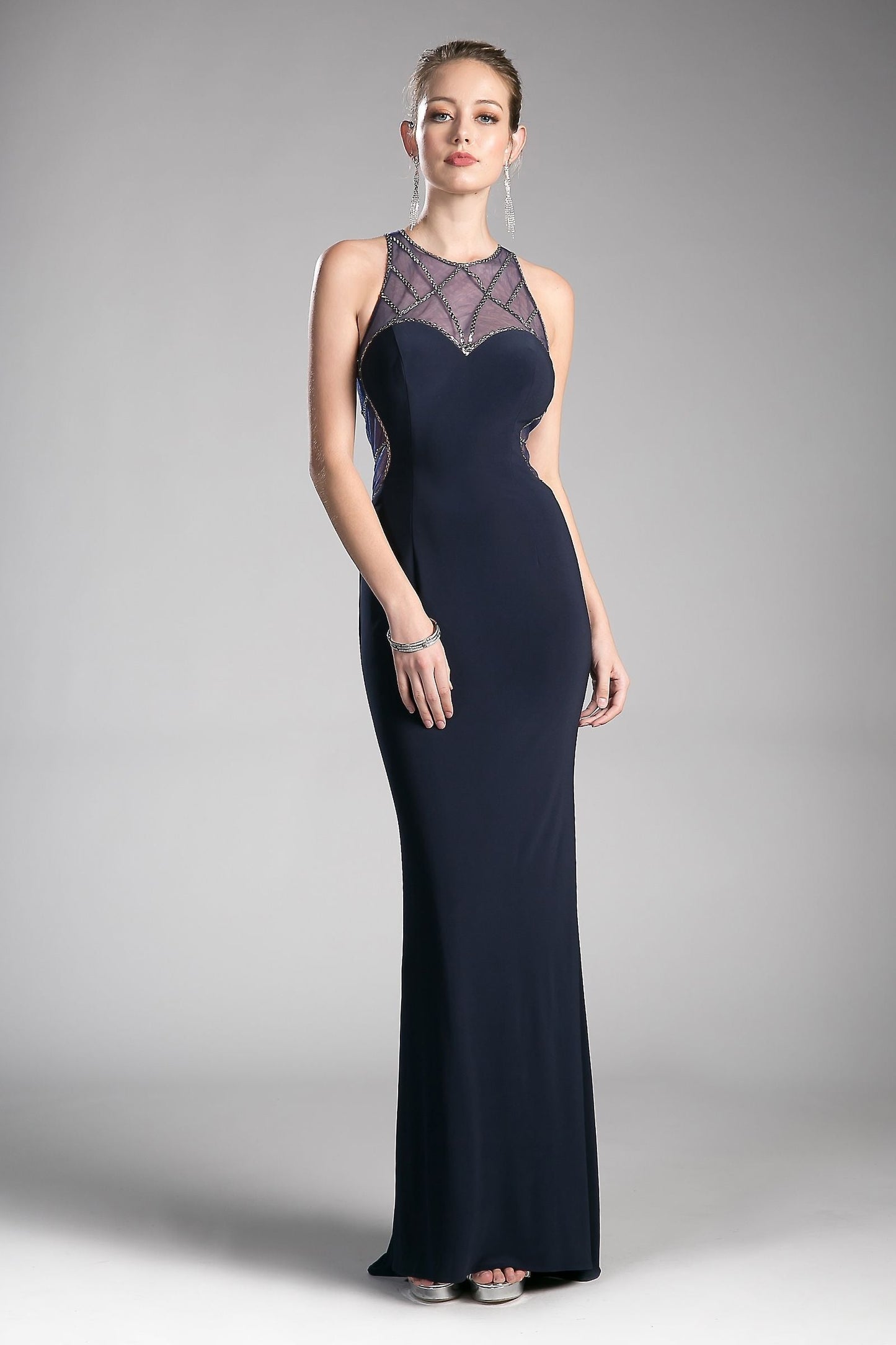 Fitted stretch jersey gown with beaded illusion details and sweetheart neckline. Tux-USA