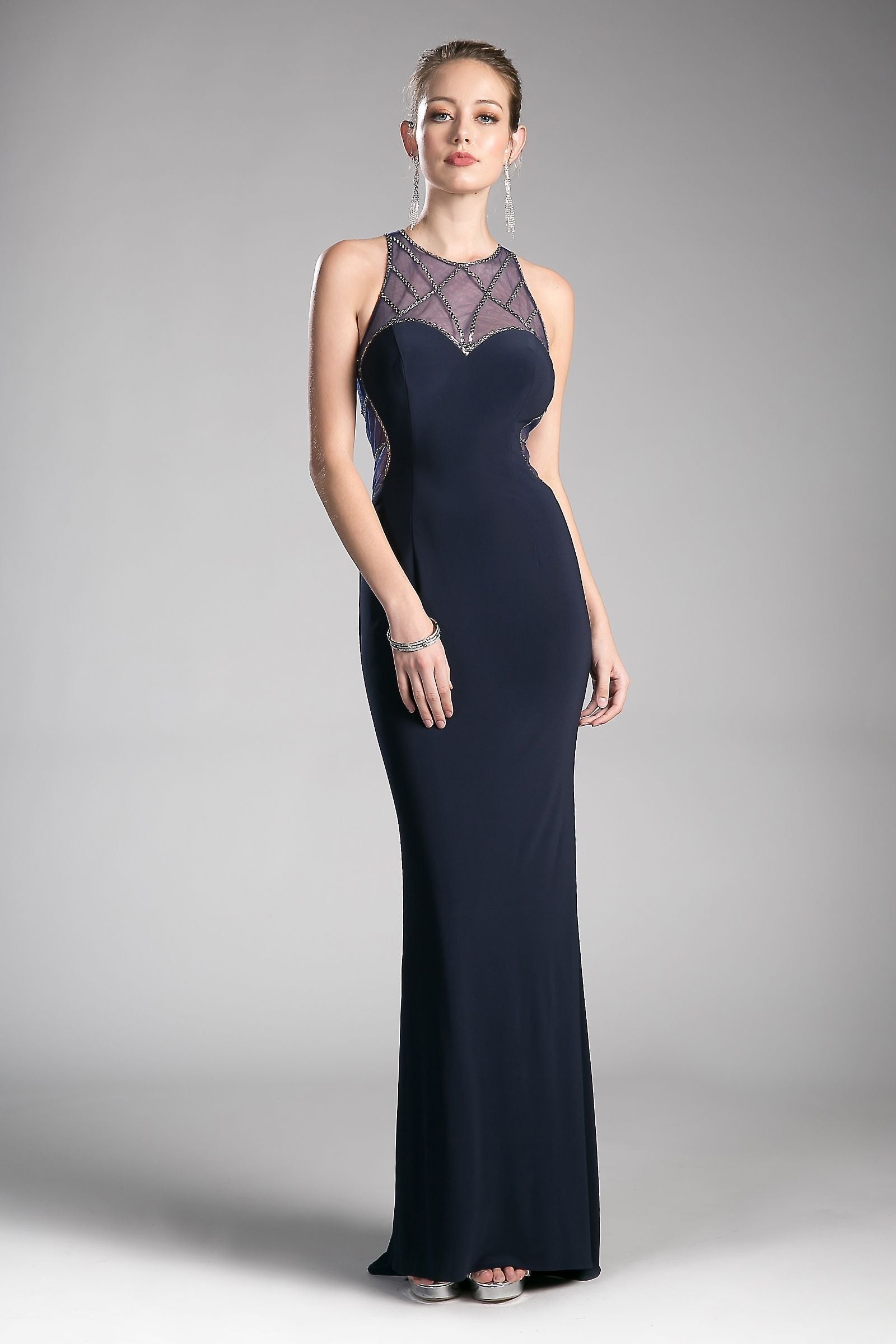 Fitted stretch jersey gown with beaded illusion details and sweetheart neckline. Tux-USA